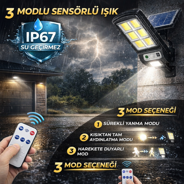 Robeve Güneş Enerjili LED Projektör Hareket Sensörlü Uzaktan Kumandalı 120 Adet SOLAR LED Aydınlatma